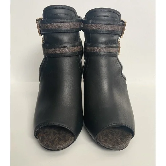 Michael Kors Women's Black Brown Logo Leather Open‑Toe Ankle Booties Size 7.5 - Picture 9 of 11